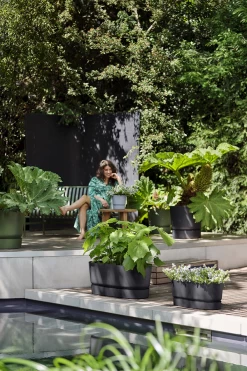 Bloembak Elho Greenville Terrace 80cm - Met Wielen - Living Black -Buitentuinonderhouds Winkel greenville terrace trough 80cm wheels plantenbak living black 6 4